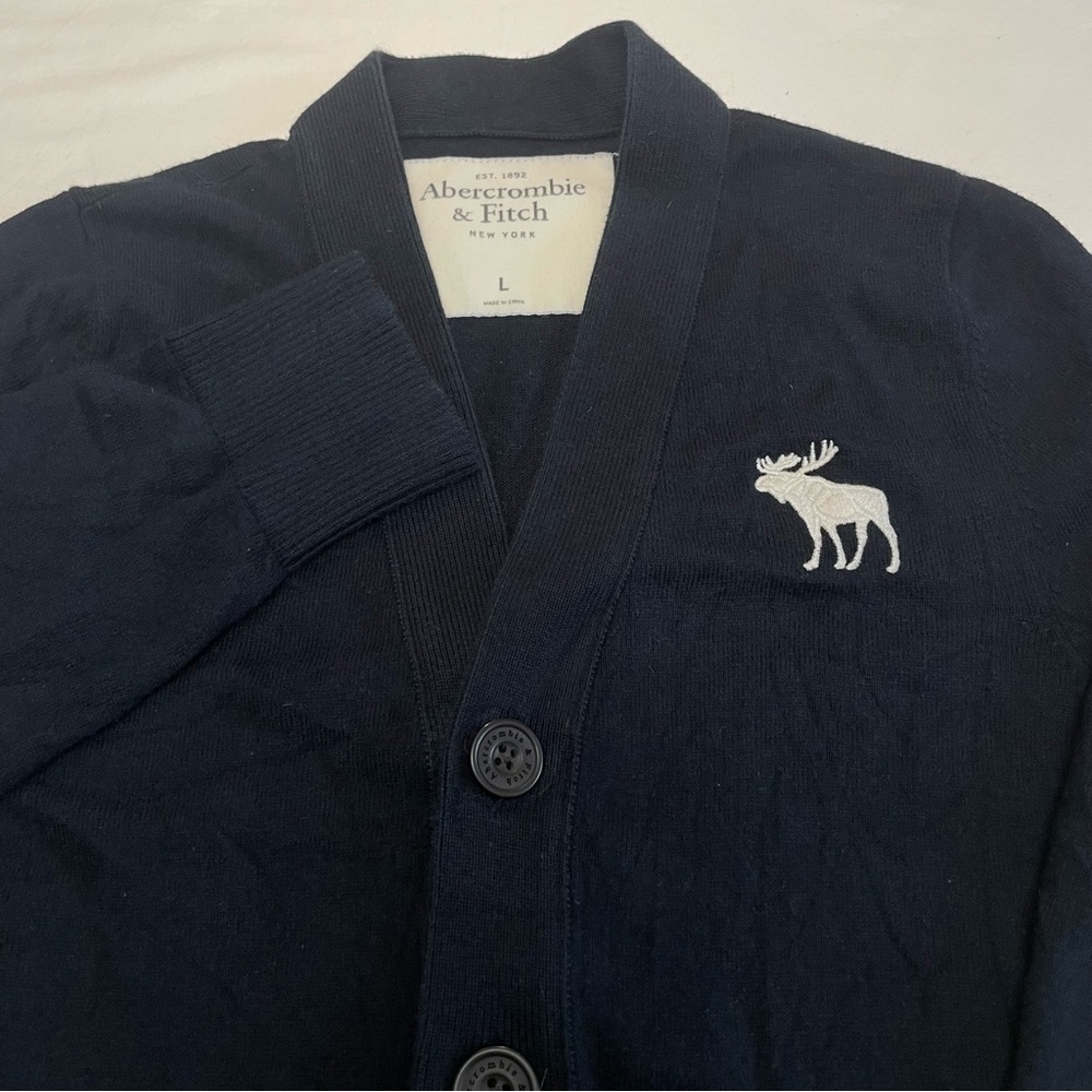 Abercrombie & Fitch Cardigan V-Neck Black Moose Logo Mens Large (Small) Cashmere